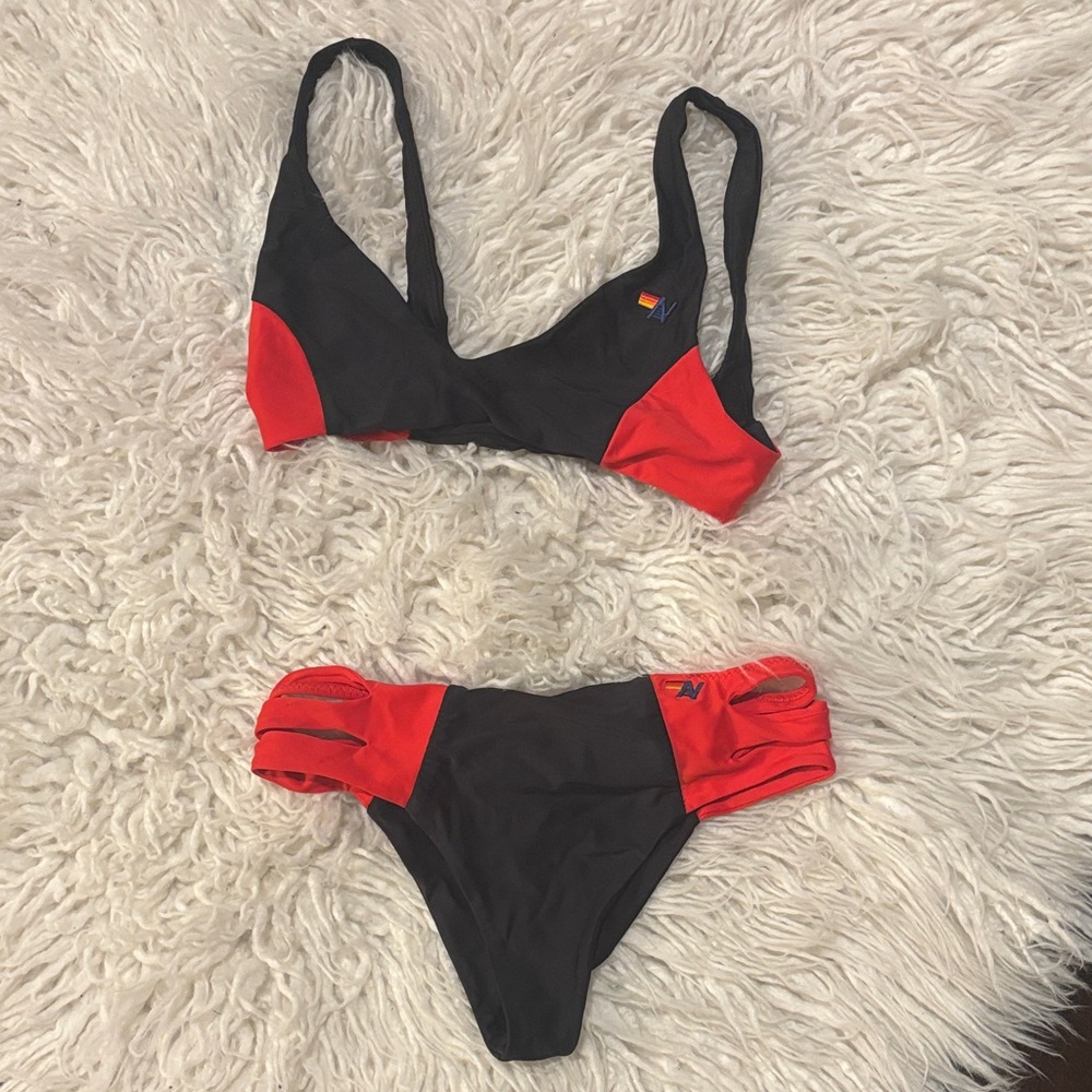 Aviator nation color block bikini top & hi-waisted side cut color block bottoms.